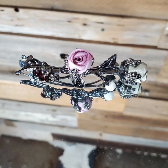 Mauve & Olive Silk Petite Roses Barrette with Pearl an Garnet Crystal - Picture 2 of 8